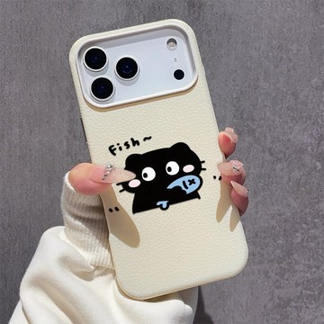 抱魚卡通貓咪 適用iPhone17promax手機殼 蘋果16柔軟親膚15plus大孔14皮紋13軟殼12/11保護殼
