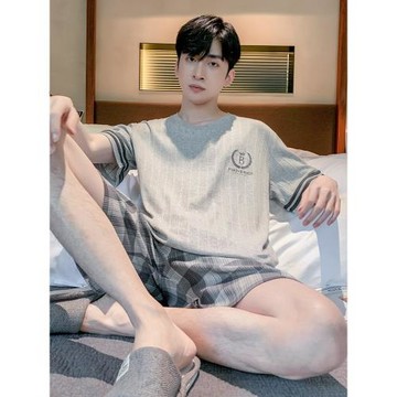 芬騰可安睡衣夏季純棉短袖休閑套裝男士夏天薄款全棉家居服可外穿