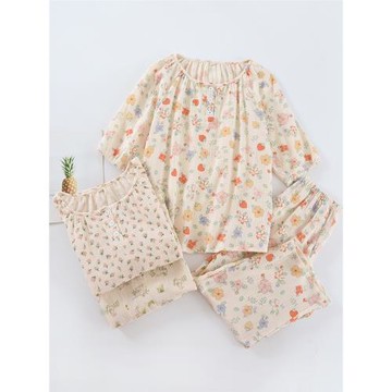 純棉睡衣女夏薄款水洗棉紗縐布短袖七分褲寬松可愛日系全棉家居服