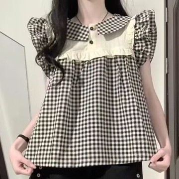 日系格子襯衫女款短袖設計感小衆娃娃衫法式小飛袖上衣夏季小清新 短袖襯衫女 襯衫上衣 襯衣 女上衣 短袖t恤