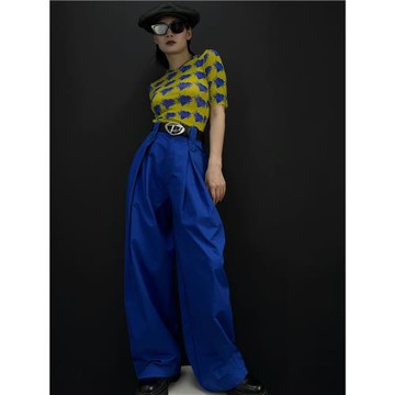 貳舊2025年夏新款克萊因藍色顯瘦寬松高腰女士闊腿褲潮流休閑褲子