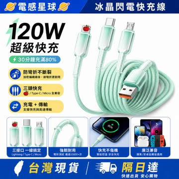 ⚡在臺出貨+隔天到⚡冰晶三閤一 超級快充120W兼容綫漸變編織耐彎折 快充線 充電線 傳輸線平果充電線支援carplay