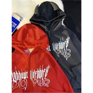 BOO原創高街百搭惡魔連帽衛衣ins情侶甜酷風印花帶角尾巴拉鏈外套