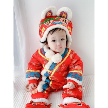 男寶寶一周歲禮服嬰兒虎頭連體衣外出服秋冬女加絨滿月百天拜年服
