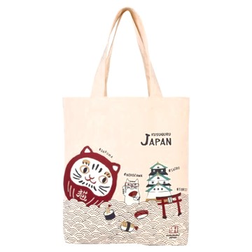 kUSUgURU JAPAN 日本眼鏡貓 JAPAN X KUSUGURU日本限定觀光主題系列 帆布手拿午餐袋  達摩&貓澤款  22X 寬20X 底寬11CM