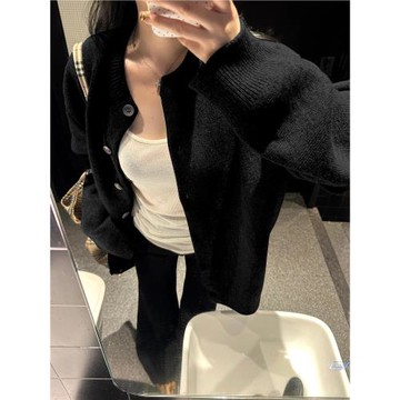 黑色針織開衫女秋季寬松慵懶風休閑高級感春秋外搭毛衣外套上衣冬