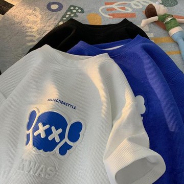 暴力熊華夫格短袖t恤男士夏季寬松美式體恤潮牌重磅情侶半袖衣服