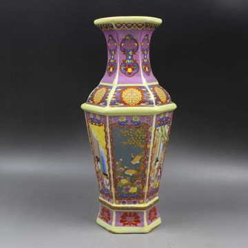 清雍正年制爬花琺瑯彩六方人物花鳥魚尾瓶 仿古瓷器擺件 古玩收藏1入