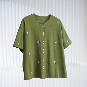 蒲公英刺繡圓領短袖襯衫上衣747626