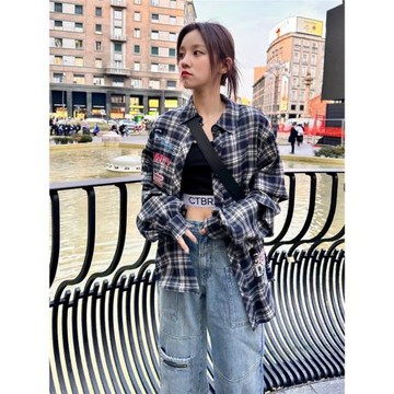 宋雨琦同款格紋寬松襯衫女設計感小眾復古寬松襯衣外套上衣春秋裝