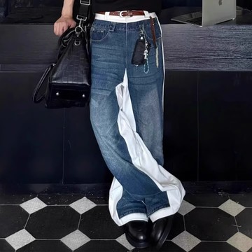 高街時尚闊腿牛仔褲男春秋新款鬆緊高腰寬鬆休閒直筒褲男