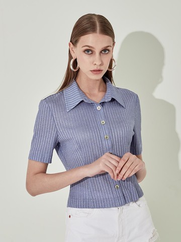 Slim Fit Metallic Button Collar Shirt [Blue]