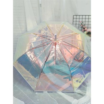 新款出口歐洲鐳射炫彩太陽光照漸變色網紅時尚彩色女士長柄透明傘