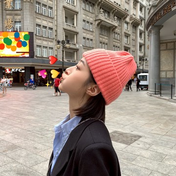 可鹽可甜~秋冬針織毛線帽子女粉色可愛瓜皮帽韓版潮百搭保暖冷帽1入