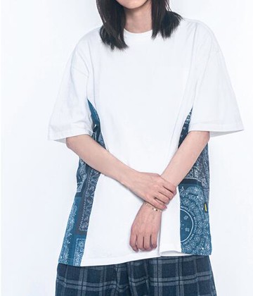 FINDSENSE X 男款 時尚 寬鬆舒適日系男裝寬松腰果花拼接落肩男式短袖上衣