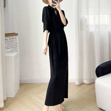 [巴黎精品] 現貨+預購 高級法式長洋裝中長裙洋裝連身裙子A字裙大碼寬鬆休閒女裝-氣質V領開叉女裙子a1ku10