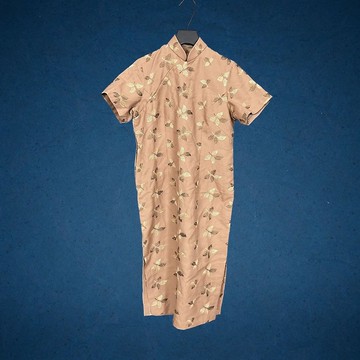 二手 古董訂製 駝色咖啡秋色 葉子繡花 下擺開岔 短袖旗袍 CA613