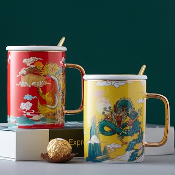 陶瓷馬克杯帶蓋中式龍鳳對杯情侶水杯一對國潮簡約大容量杯子家用
