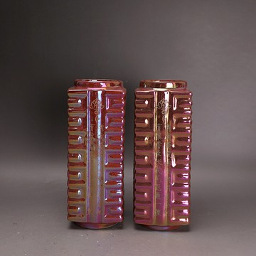 宋官窯開片七彩刻字琮式瓶一對古文玩古董收藏老物件手工老貨