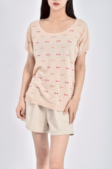 (L) dita質感棉質蝴蝶結刺繡黃色短袖上衣