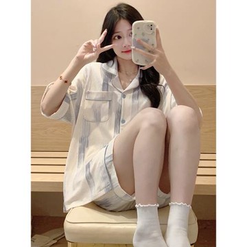 睡衣女款夏季純棉格子短袖可愛卡通春秋冬天網紅風大碼家居服套裝