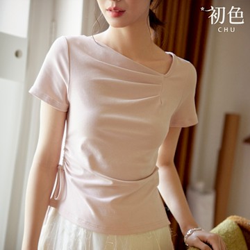 初色 法式復古氣質純色抽繩下擺開衩斜領短袖T恤上衣女上衣-共2色-11731(M-2XL可選)