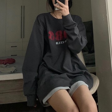 春秋薄款美式復古深灰色衛衣女寬松bf慵懶風oversize長袖上衣
