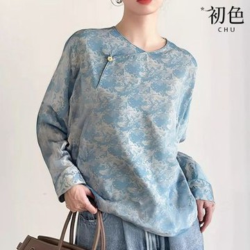 初色 中式復古休閒寬鬆圓領提花綁帶長袖斜開衫上衣女上衣-淺藍色-18985(M-2XL可選)
