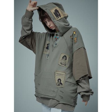 A SQUARE ROOT 華夫格袖拼接假兩件復古貼布破壞原創小眾男女衛衣