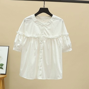 白色木耳邊棉襯衫女夏新款小清新短袖寬松顯瘦七分袖娃娃衫女上衣