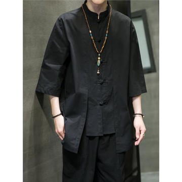 夏季中國風短袖襯衫復古男七分袖假兩件襯衣大碼寬松休閑立領唐裝