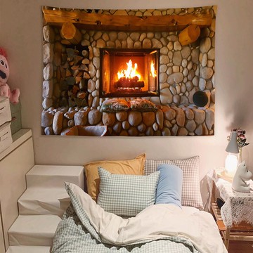 冬日壁爐背景墻布 溫馨臥室床頭掛布直播租房ins宿舍裝飾掛毯