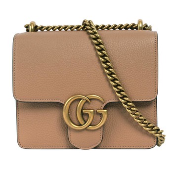 Gucci Marmont 金色標誌粒紋皮革肩背斜背二用鍊包(裸粉色)