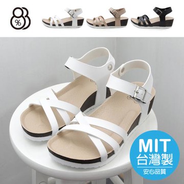 【88%】MIT台灣製 前2後5cm涼鞋 休閒百搭交叉寬帶 皮革楔型厚底涼拖鞋 魔鬼氈