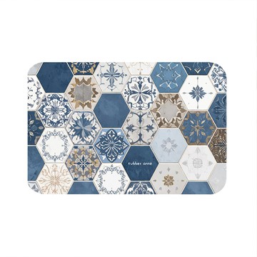 【怪獸】rubber anne 10秒頂吸 軟式珪藻土吸水地墊 六角花磚系列 (60x40cm) -藍瓷磚