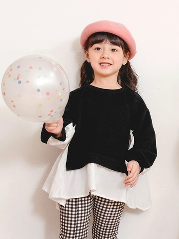 簡約黑白撞色設計感拼接假兩件長袖上衣