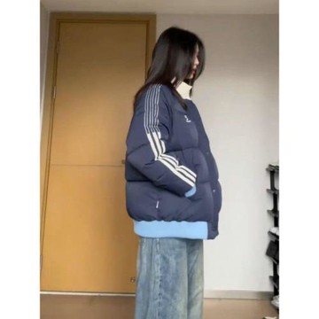 高級感條紋拼接美式棒球服女棉衣女冬季新款學生棉服外套女小個子
