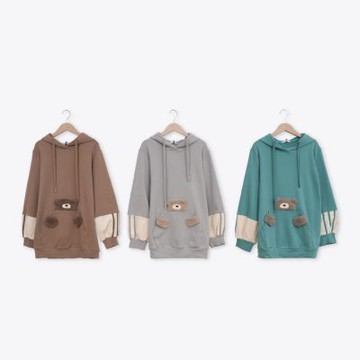 【Dailo】QQ小熊抱抱寬鬆連帽大T 綠 咖 灰