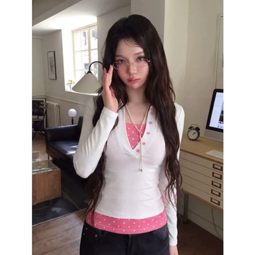 【林木木】衣服女 修身上衣 拼接假兩件 辣妹裝 顯瘦穿搭 波點上衣 純欲風