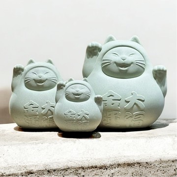 【一家祈福】圓滾滾幸運貓團圓版 (大中小三入) 健康綠