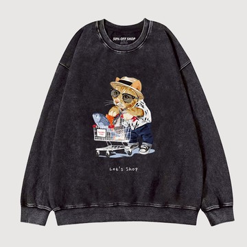 放假到超市買魚的橘貓 喵星人 做舊水洗純棉大學T 男女衛衣 台灣製獨家動漫