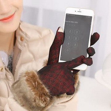 繽紛彩格大毛口加絨保暖觸屏手套