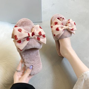 春季室內外新款蝴蝶結可愛毛毛拖鞋女2022居家小清新一字涼拖鞋女