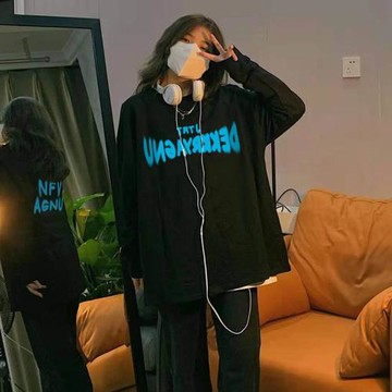 純棉黑色長袖T恤女秋冬2025新款美式復古寬松內搭打底衫正肩上衣