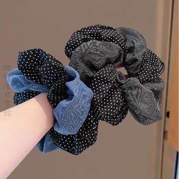 🔥3件8折🍊臺北出貨🍊可開發票森系復古布藝藍色波點大腸髮圈雙層高級感丸子頭髮繩韓國少女頭繩