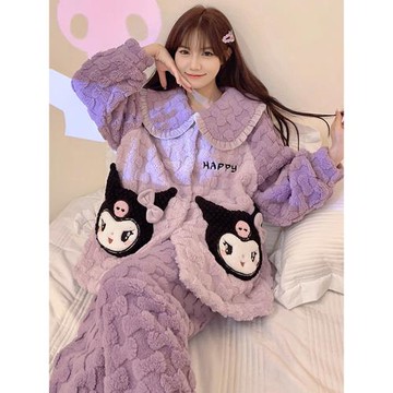 珊瑚絨睡衣女款秋冬季加厚加絨卡通可愛少女學生法蘭絨家居服套裝