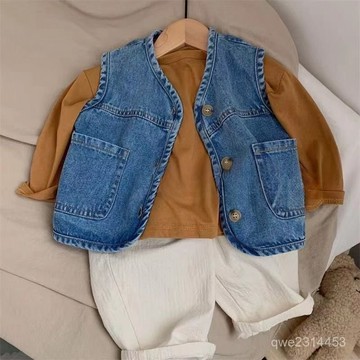 兒童牛仔馬甲春秋新款小孩馬甲男童外穿坎肩百搭款洋氣童裝潮 男童馬甲 秋天無袖馬甲外套 男寶寶背心上衣 兒童背心外套