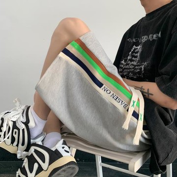 彩色織帶運動短褲男美式復古潮牌寬松休閑褲夏季五分褲直筒闊腿褲