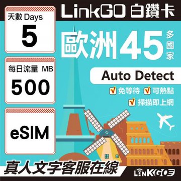 LINKGO白鑽卡 歐洲45國 eSIM卡 5天上網卡 每日500MB (歐洲網卡 西班牙 德國 奧地利 英國)