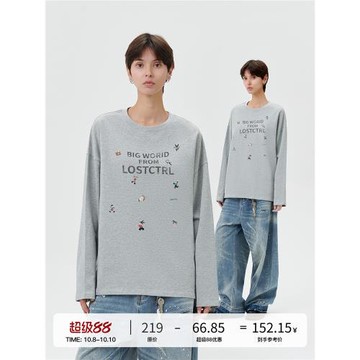 LOSTCTRL 初秋美式復古圓領個性印花純棉寬松長袖針織T恤男女同款